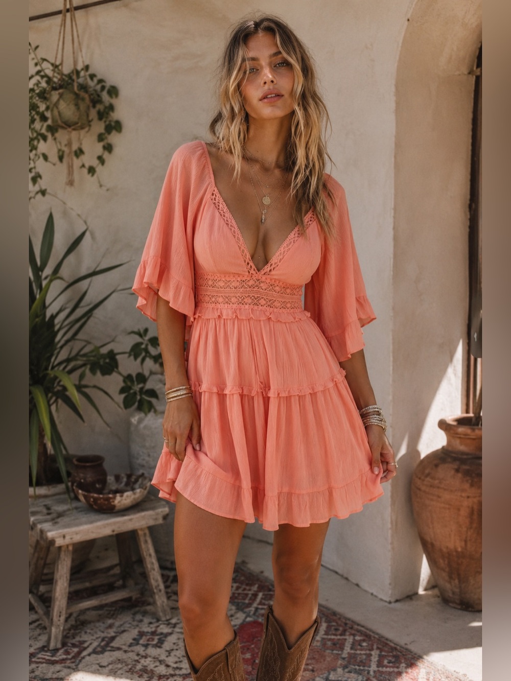 ANGEL BIBA | Desert Rose Bell Sleeve Mini Dress